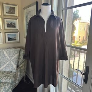 Tommy Bahama Dark Brown 100% Cotton Collared Split V Neck Tunic Long Blouse XS